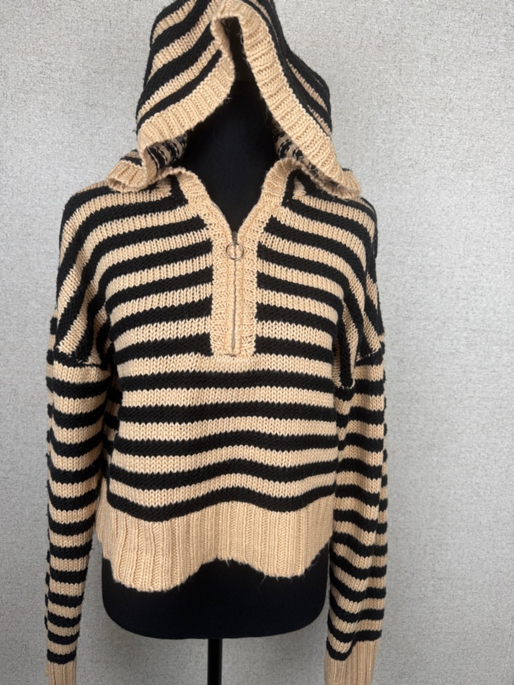 For Love & Lemons Striped Knit Hoodie Crop Sweater Black Tan‎ S